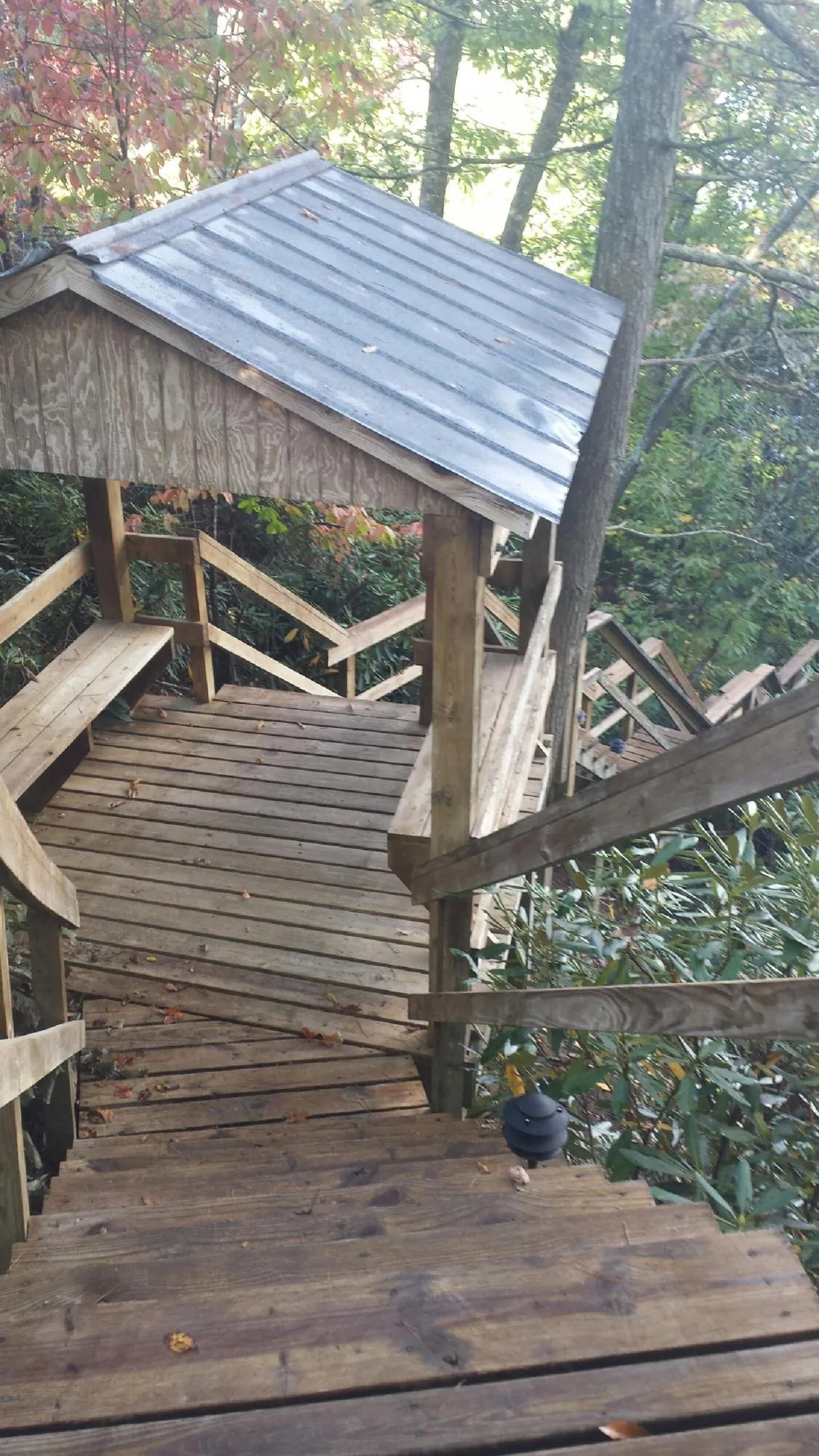 Metal roofed shelter over wooden steps on a wooded walkway — Skylight Repair & Installation work by our crew in Lumpkin